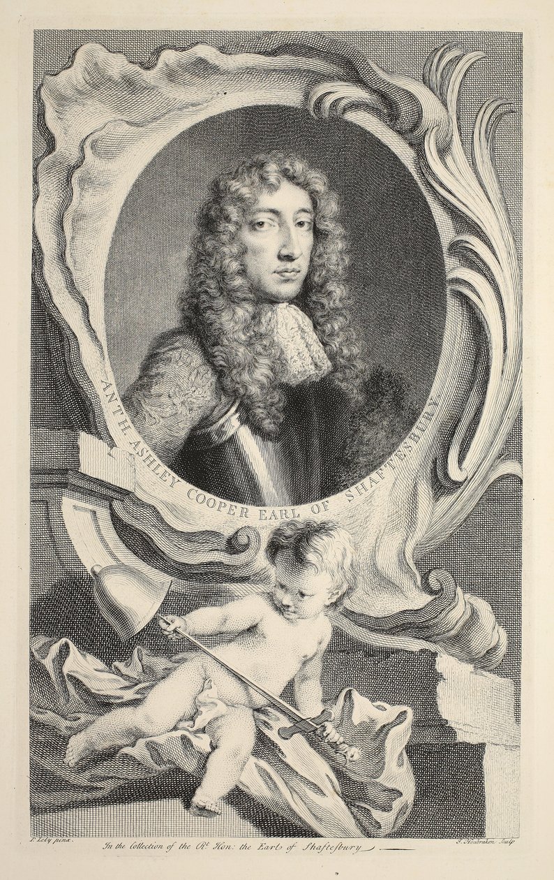 Anthony Ashley Cooperin, Earl of Shaftesburyn muotokuva, kuvitus teoksesta Heads of Illustrious Persons of Great Britain, pub. kirjoittanut Knapton, Lontoo 1742 tekijältä Jacobus Houbraken