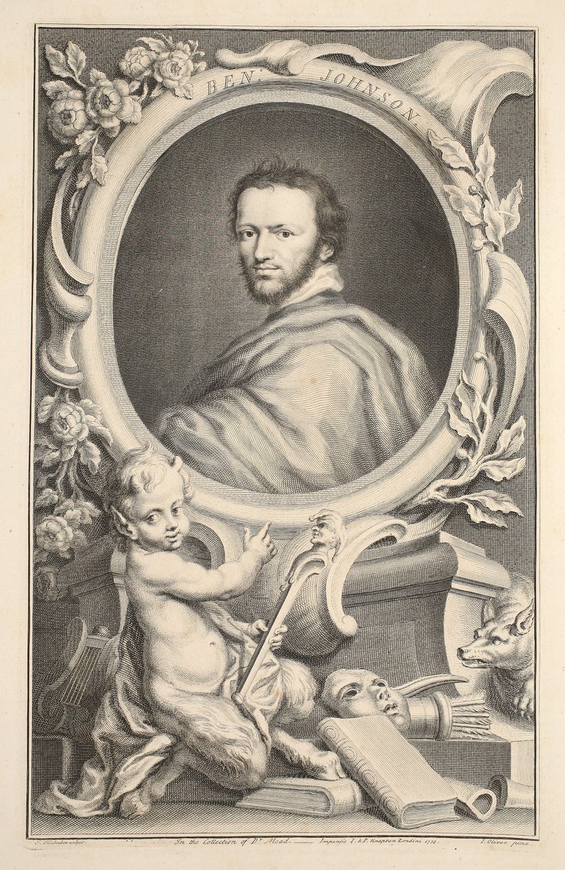 Muotokuva Ben Johnsonista, kuvitus teoksesta Heads of Illustrious Persons of Great Britain, pub. kirjoittanut Knapton, Lontoo 1742 tekijältä Jacobus Houbraken