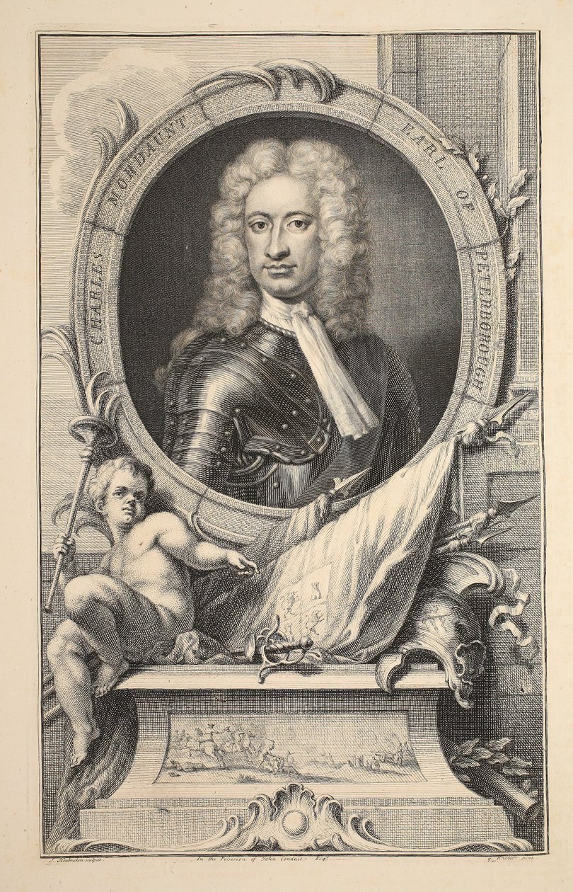 Muotokuva Charles Mordauntista, Earl of Peterborough, kuvitus teoksesta "Heads of Illustrious Persons of Great Britain", pub. kirjoittanut Knapton, Lontoo 1742 tekijältä Jacobus Houbraken