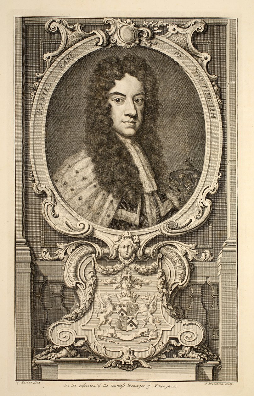 Muotokuva Danielista, Earl of Nottingham, kuvitus teoksesta Heads of Illustrious Persons of Great Britain, pub. kirjoittanut Knapton, Lontoo 1742 (kaiverrus) tekijältä Jacobus Houbraken