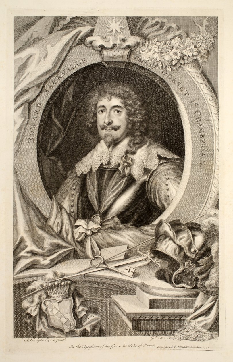 Edward Sackvillen muotokuva, kuvitus teoksesta "Heads of Illustrious Persons of Great Britain", julkaisija Knapton, Lontoo 1742. tekijältä Jacobus Houbraken