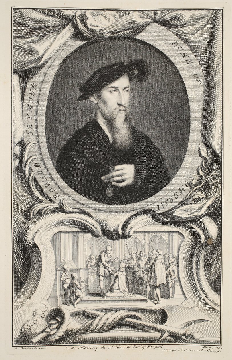 Muotokuva Edward Seymourista, Somersetin herttuasta, kuvitus teoksesta Heads of Illustrious Persons of Great Britain, pub. kirjoittanut Knapton, Lontoo 1742 tekijältä Jacobus Houbraken