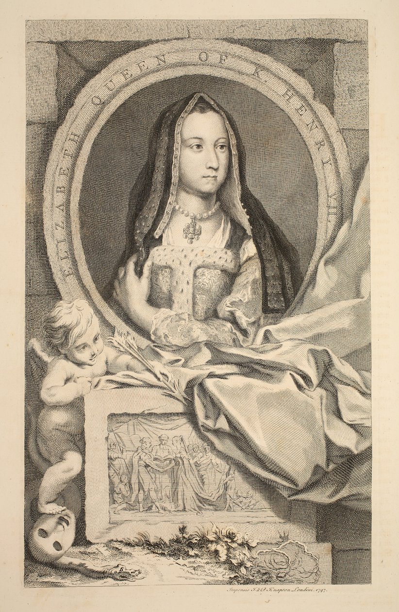 Henry VII:n kuningatar Elisabetin muotokuva, kuvitus teoksesta Heads of Illustrious Persons of Great Britain, pub. kirjoittanut Knapton, Lontoo 1742 tekijältä Jacobus Houbraken