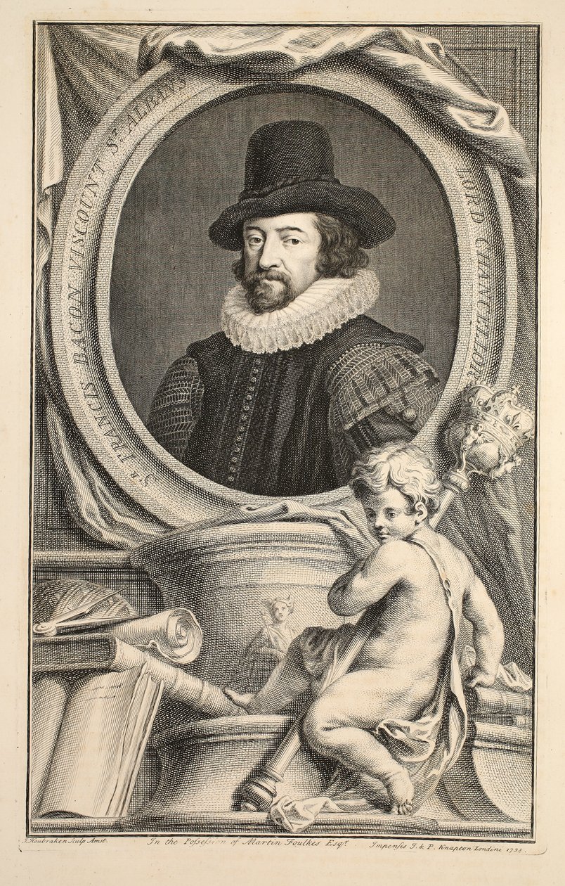 Muotokuva Francis Baconista, St Albansin varakreivi, kuvitus teoksesta Heads of Illustrious Persons of Great Britain, pub. kirjoittanut Knapton, Lontoo 1742 tekijältä Jacobus Houbraken
