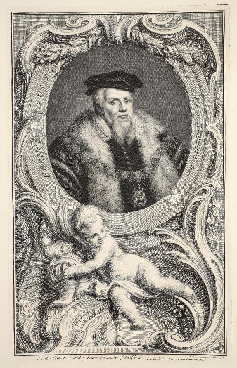 Francis Russellin muotokuva, kuvitus teoksesta "Heads of Illustrious Persons of Great Britain", julkaisija Knapton, Lontoo 1742. tekijältä Jacobus Houbraken