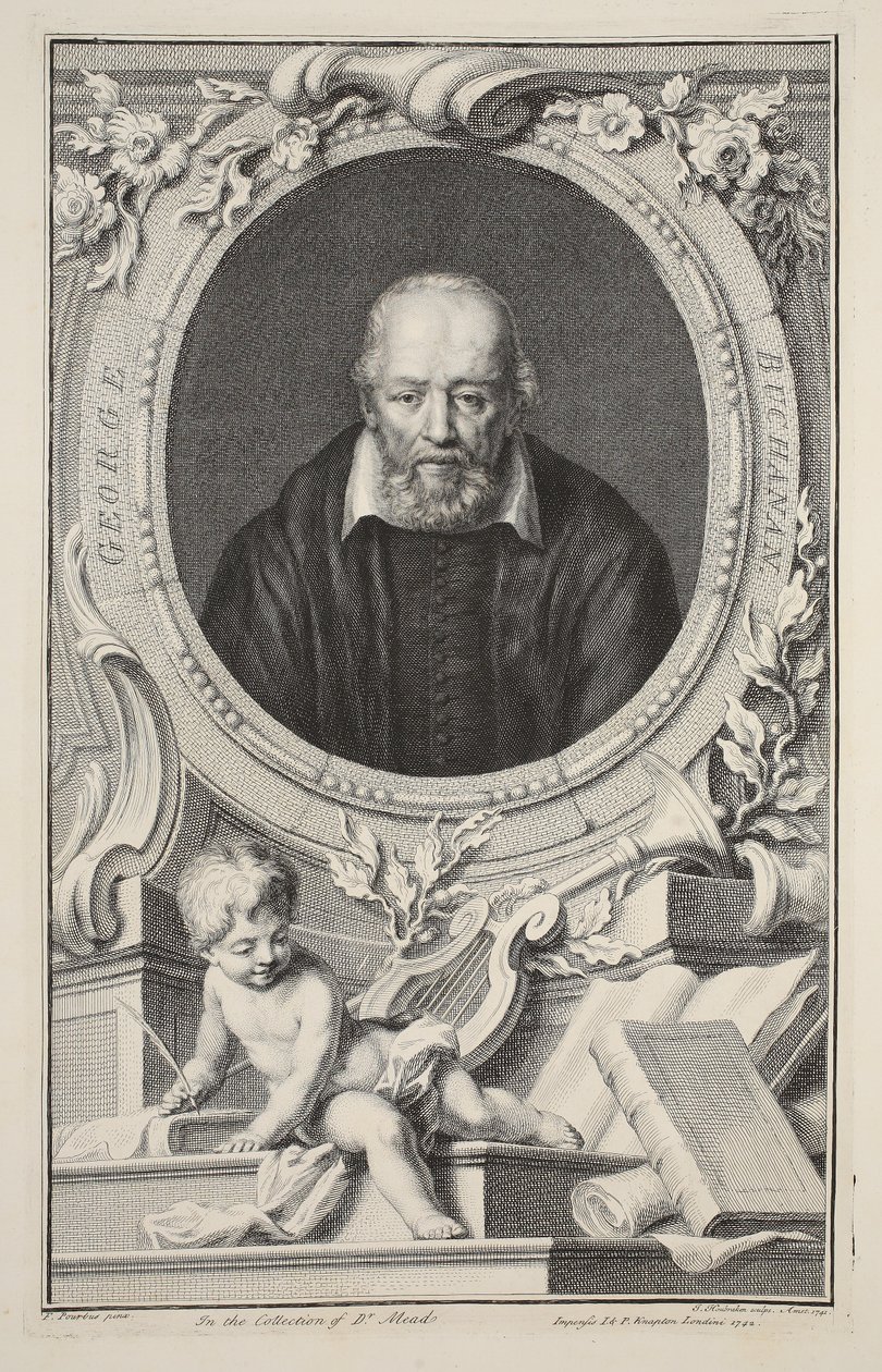 George Buchananin muotokuva Frans Pourbuksen mukaan, kuvitus teoksesta Heads of Illustrious Persons of Great Britain, pub. kirjoittanut Knapton, Lontoo 1742 tekijältä Jacobus Houbraken