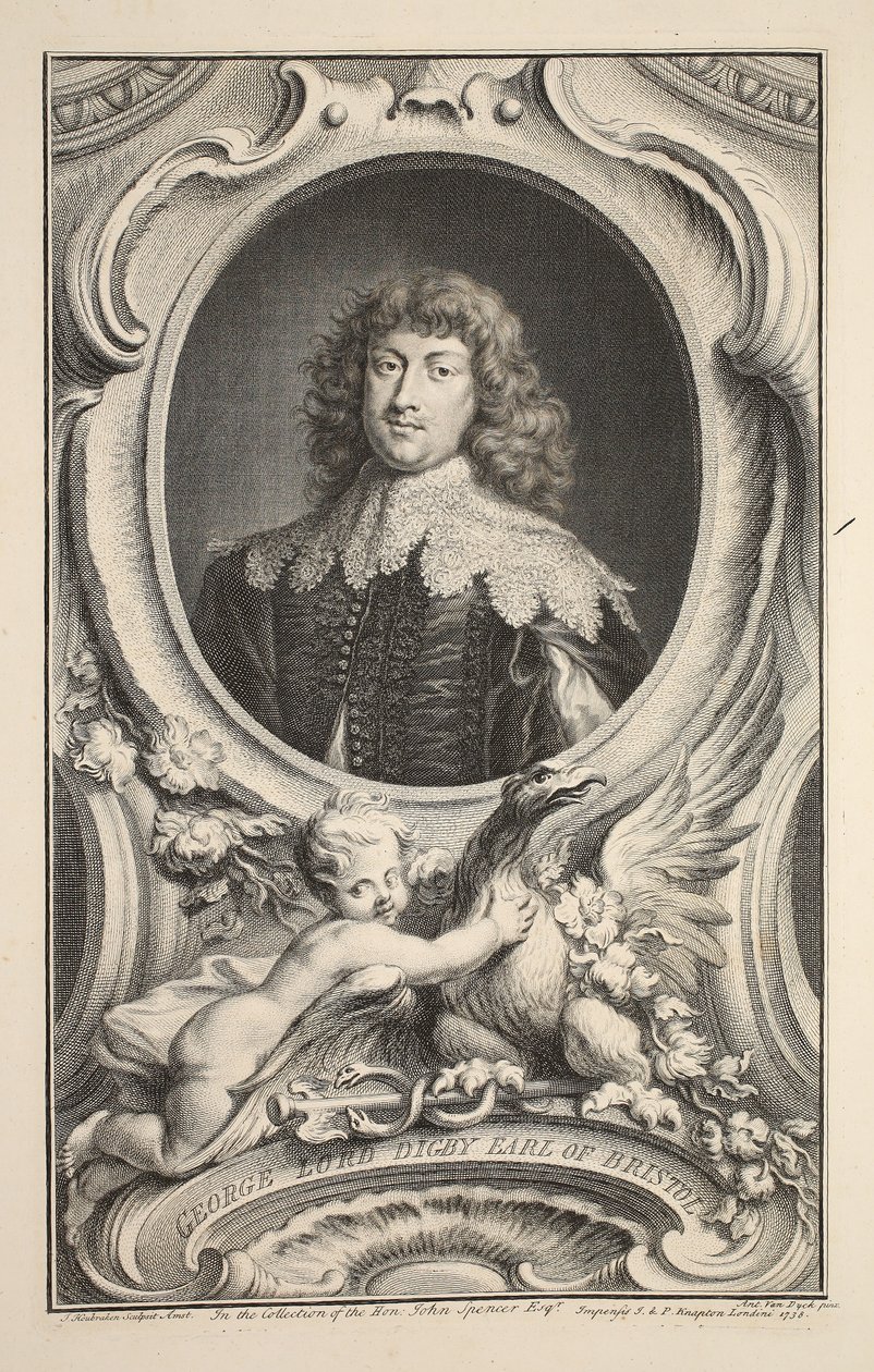 Bristolin jaarlin lordi George Digbyn muotokuva, kuvitus teoksesta "Heads of Illustrious Persons of Great Britain", julkaisija Knapton, Lontoo 1742. tekijältä Jacobus Houbraken