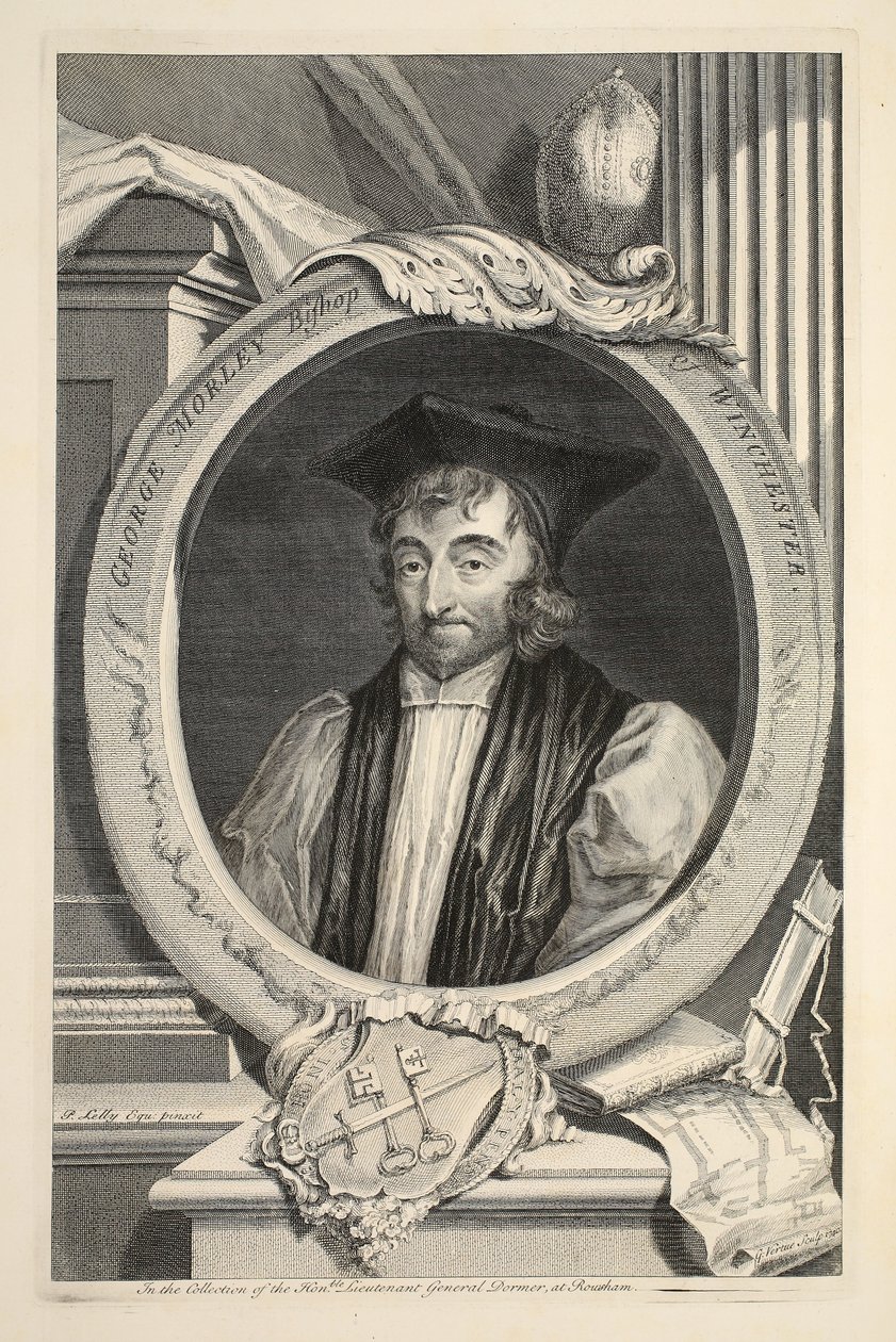 Winchesterin piispa George Morleyn muotokuva, kuvitus teoksesta "Heads of Illustrious Persons of Great Britain", julkaisija Knapton, Lontoo 1742. tekijältä Jacobus Houbraken