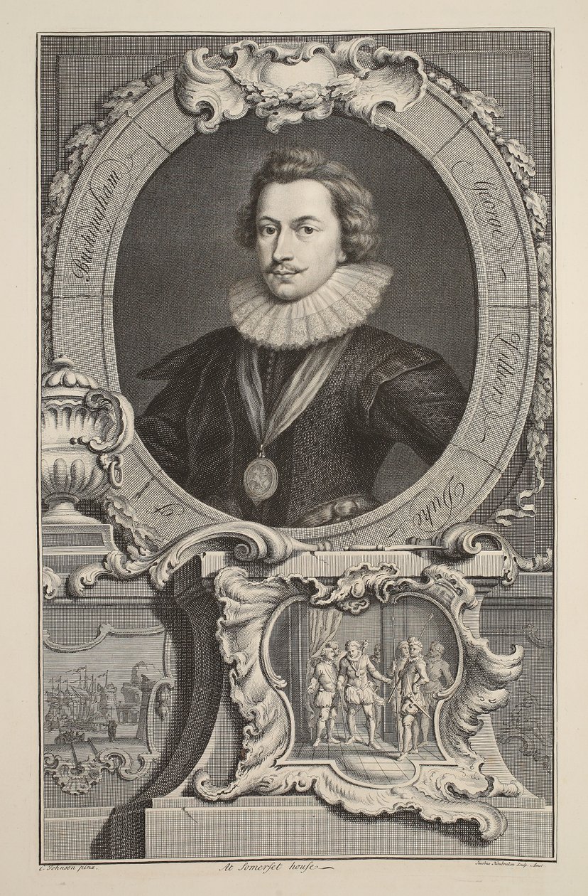 George Villiersin, Buckinghamin herttuan muotokuva, kuvitus teoksesta Heads of Illustrious Persons of Great Britain, pub. kirjoittanut Knapton, Lontoo 1742 tekijältä Jacobus Houbraken
