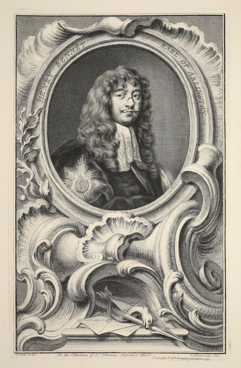 Muotokuva Henry Bennetistä, Earl of Arlington, kuvitus teoksesta Heads of Illustrious Persons of Great Britain, pub. kirjoittanut Knapton, Lontoo 1742 tekijältä Jacobus Houbraken