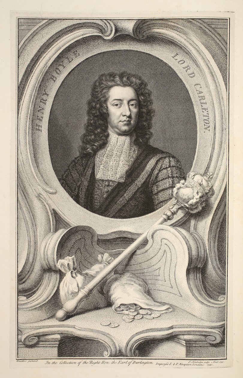 Henry Boylen, Lord Carletonin muotokuva, kuvitus teoksesta Heads of Illustrious Persons of Great Britain, pub. kirjoittanut Knapton, Lontoo 1742 (kaiverrus) tekijältä Jacobus Houbraken