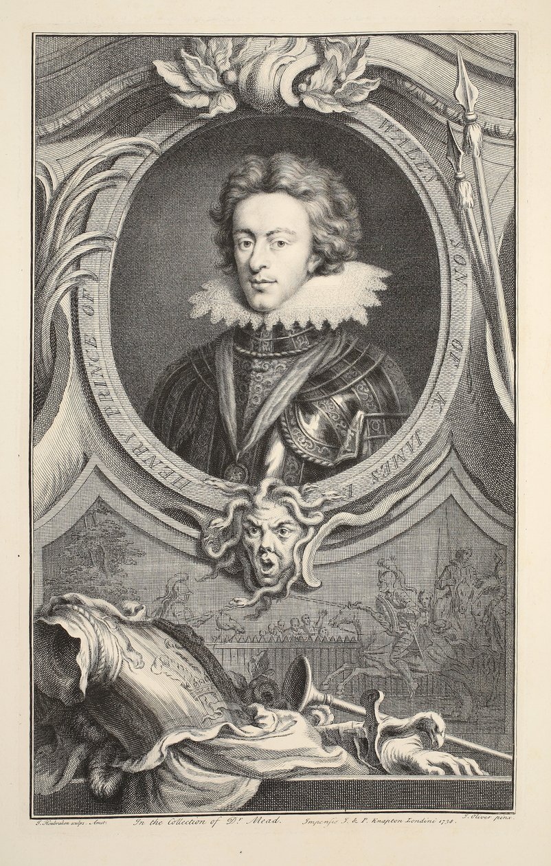 Walesin prinssin Henryn muotokuva, kuvitus teoksesta Heads of Illustrious Persons of Great Britain, pub. kirjoittanut Knapton, Lontoo 1742 tekijältä Jacobus Houbraken