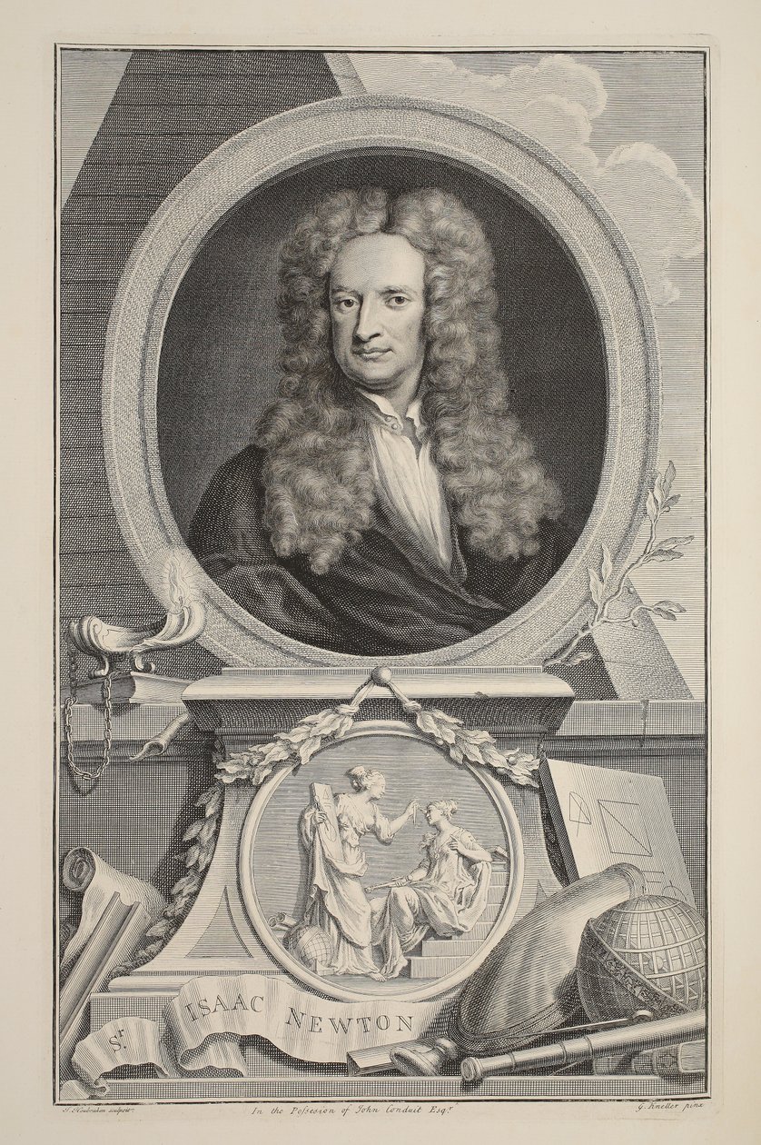 Isaac Newtonin muotokuva, kuvitus teoksesta "Heads of Illustrious Persons of Great Britain", julkaisija Knapton, Lontoo 1742. tekijältä Jacobus Houbraken