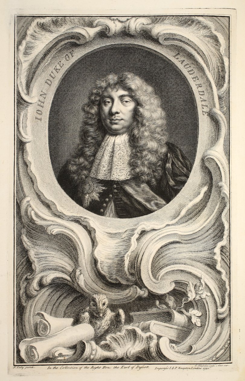 Lauderdalen herttua Johnin muotokuva, kuvitus teoksesta Heads of Illustrious Persons of Great Britain, pub. kirjoittanut Knapton, Lontoo 1742 tekijältä Jacobus Houbraken