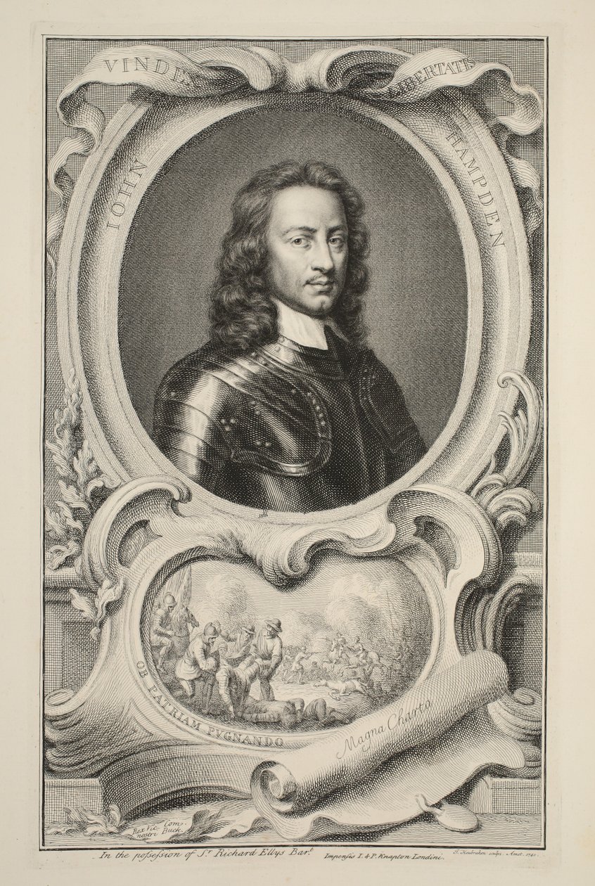 John Hampdenin muotokuva, kuvitus teoksesta Heads of Illustrious Persons of Great Britain, pub. kirjoittanut Knapton, Lontoo 1742 tekijältä Jacobus Houbraken