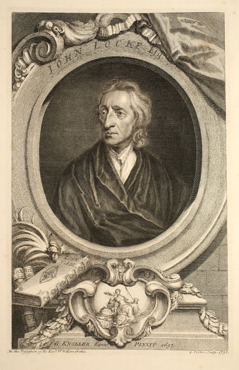 John Locken muotokuva, kuvitus teoksesta Heads of Illustrious Persons of Great Britain, pub. kirjoittanut Knapton, Lontoo 1742 tekijältä Jacobus Houbraken