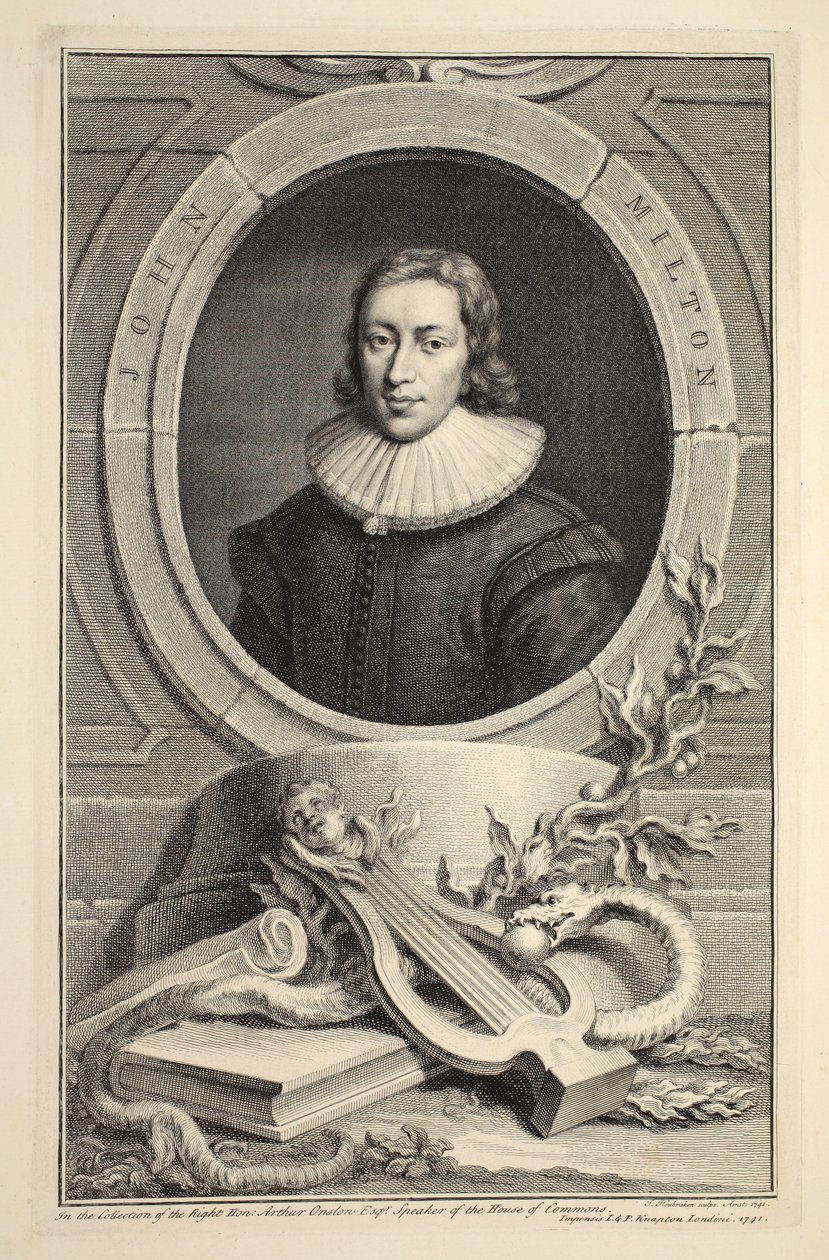 John Miltonin muotokuva, kuvitus teoksesta "Heads of Illustrious Persons of Great Britain", julkaisija Knapton, Lontoo 1742. tekijältä Jacobus Houbraken