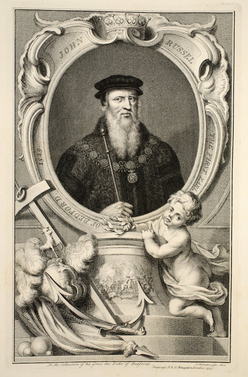 John Russellin muotokuva, kuvitus teoksesta Heads of Illustrious Persons of Great Britain, pub. kirjoittanut Knapton, Lontoo 1742 tekijältä Jacobus Houbraken