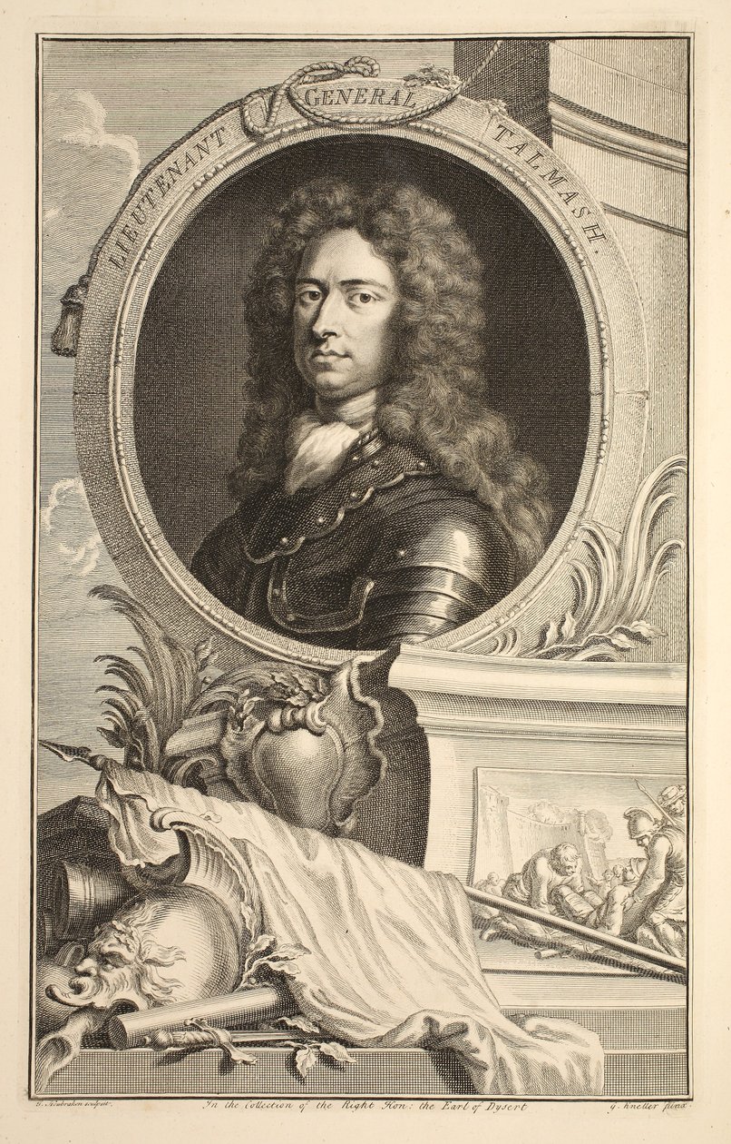 Kenraaliluutnantti Talmashin muotokuva, kuvitus teoksesta Heads of Illustrious Persons of Great Britain, pub. kirjoittanut Knapton, Lontoo 1742 tekijältä Jacobus Houbraken