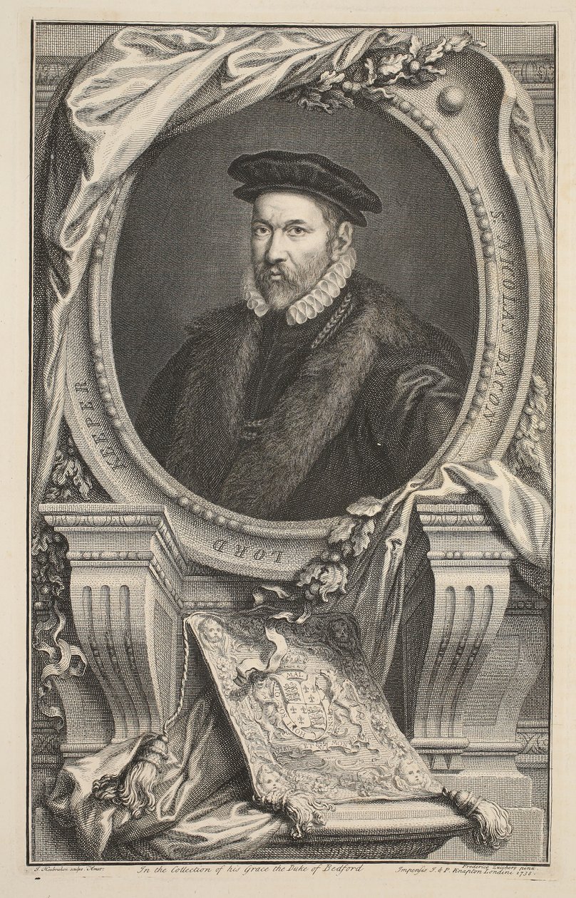 Nicholas Baconin muotokuva, kuvitus teoksesta Heads of Illustrious Persons of Great Britain, pub. kirjoittanut Knapton, Lontoo 1742 tekijältä Jacobus Houbraken