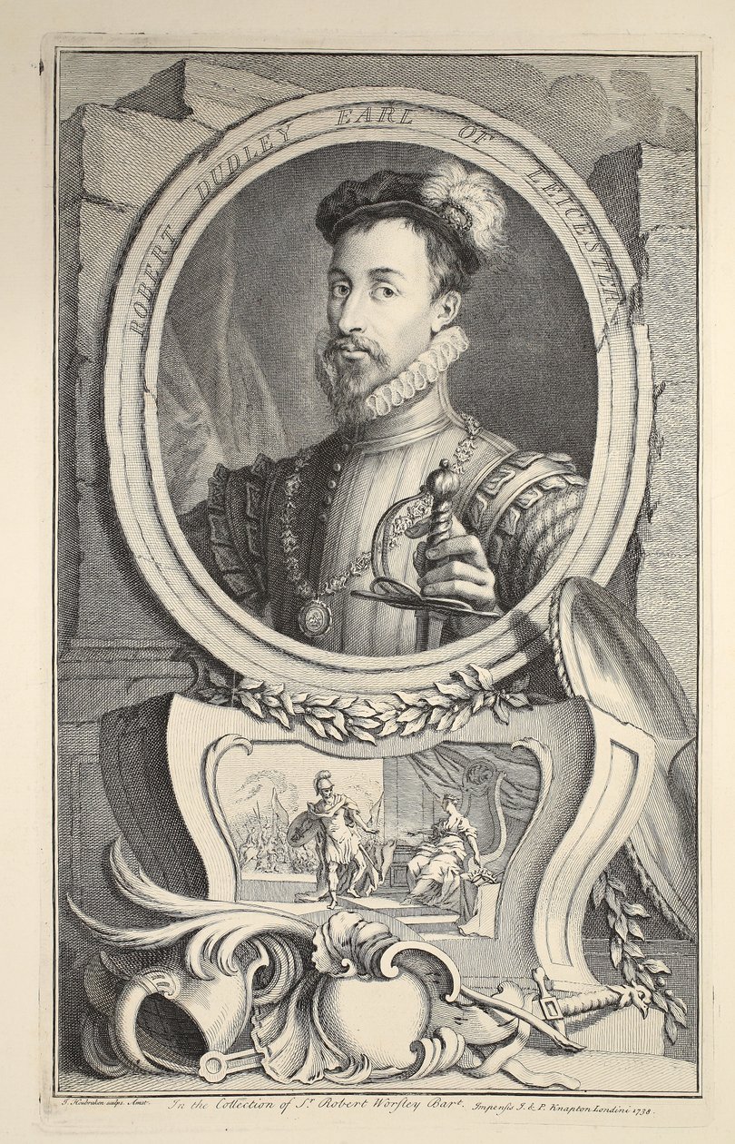 Muotokuva Robert Dudleysta, Earl of Leicester, kuvitus teoksesta Heads of Illustrious Persons of Great Britain, pub. kirjoittanut Knapton, Lontoo 1742 tekijältä Jacobus Houbraken