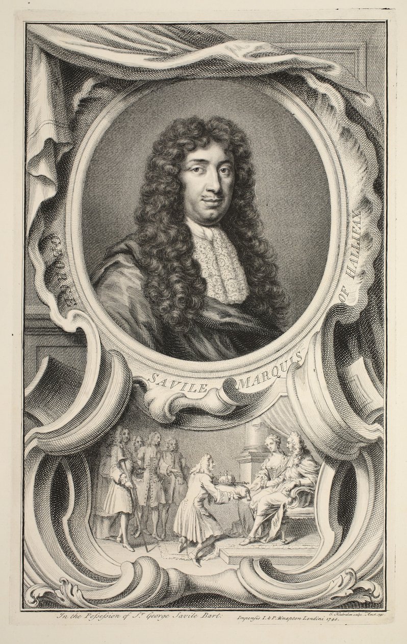 Halifaxin markiisin Savilen muotokuva, kuvitus teoksesta Heads of Illustrious Persons of Great Britain, pub. kirjoittanut Knapton, Lontoo 1742 tekijältä Jacobus Houbraken
