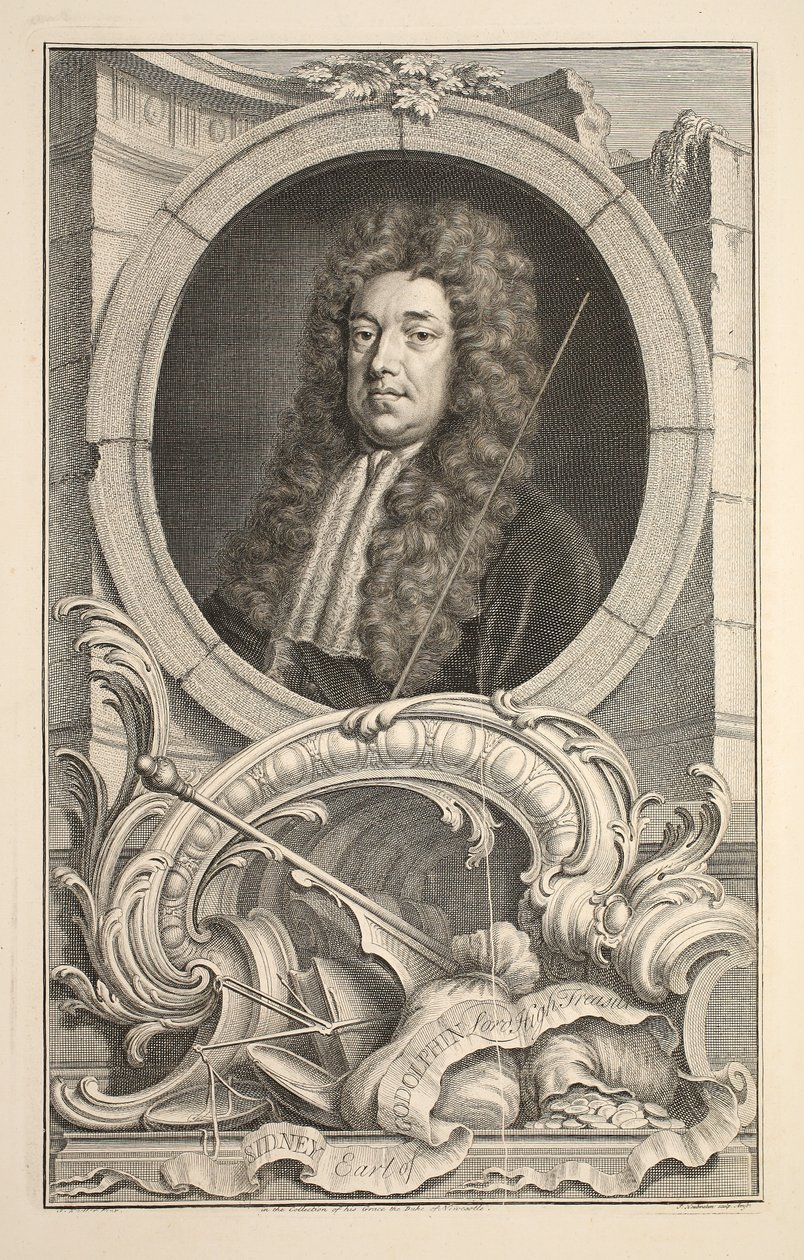 Muotokuva Sidneystä, Earl of Godolphinista, kuvitus teoksesta Heads of Illustrious Persons of Great Britain, pub. kirjoittanut Knapton, Lontoo 1742 tekijältä Jacobus Houbraken