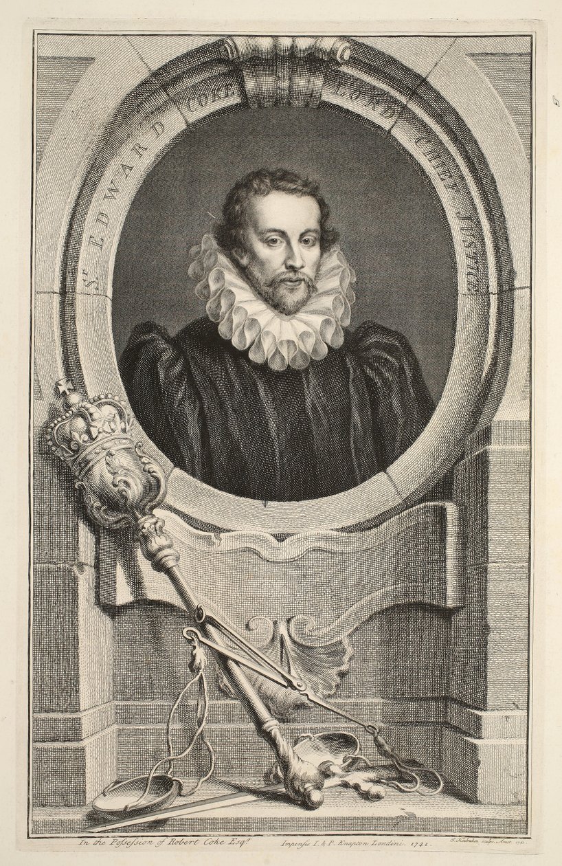 Muotokuva Sir Edward Cokesta, Lord Chief Justice, kuvitus teoksesta Heads of Illustrious Persons of Great Britain, pub. kirjoittanut Knapton, Lontoo 1742 tekijältä Jacobus Houbraken