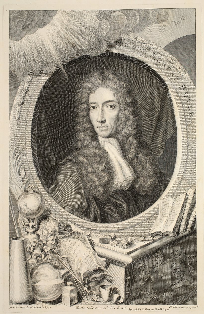 Muotokuva kunnia. Robert Boyle, kuvitus teoksesta Heads of Illustrious Persons of Great Britain, pub. kirjoittanut Knapton, Lontoo 1742 tekijältä Jacobus Houbraken