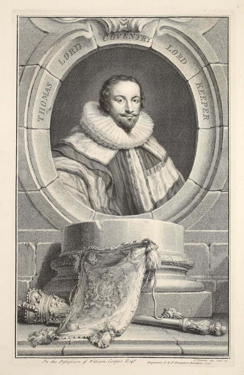 Thomasin muotokuva, Lord Coventry, kuvitus teoksesta Heads of Illustrious Persons of Great Britain, pub. kirjoittanut Knapton, Lontoo 1742 tekijältä Jacobus Houbraken