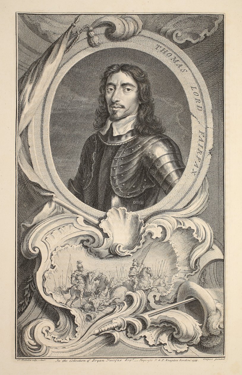 Muotokuva lordi Thomas Fairfaxista, kuvitus teoksesta "Heads of Illustrious Persons of Great Britain", julkaisija Knapton, Lontoo 1742. tekijältä Jacobus Houbraken