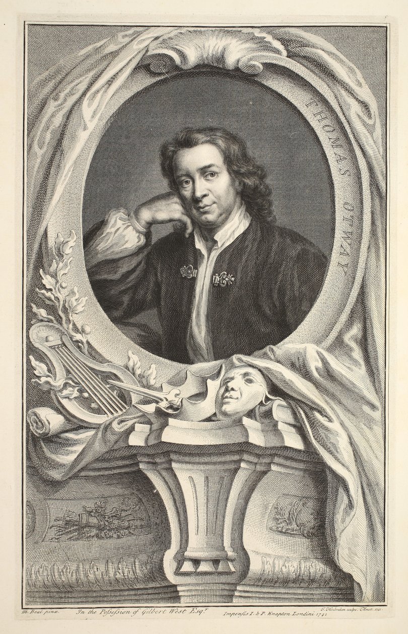 Thomas Otwayn muotokuva, kuvitus teoksesta "Heads of Illustrious Persons of Great Britain", julkaisija Knapton, Lontoo 1742. tekijältä Jacobus Houbraken