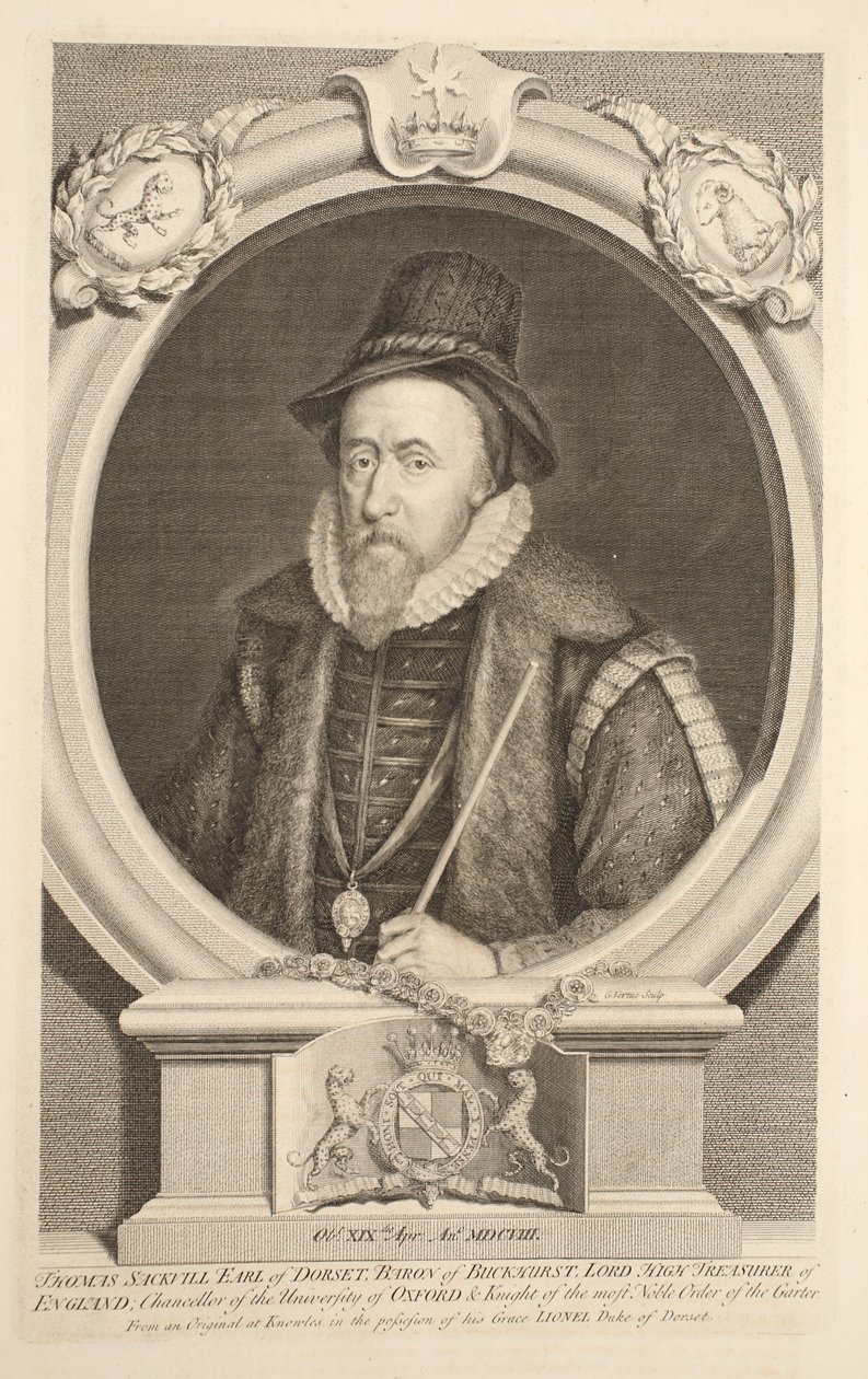 Thomas Sackvillen, Dorsetin jaarlin, Buckhurstin paronin muotokuva, kuvitus teoksesta Heads of Illustrious Persons of Great Britain, pub. kirjoittanut Knapton, Lontoo 1742 tekijältä Jacobus Houbraken