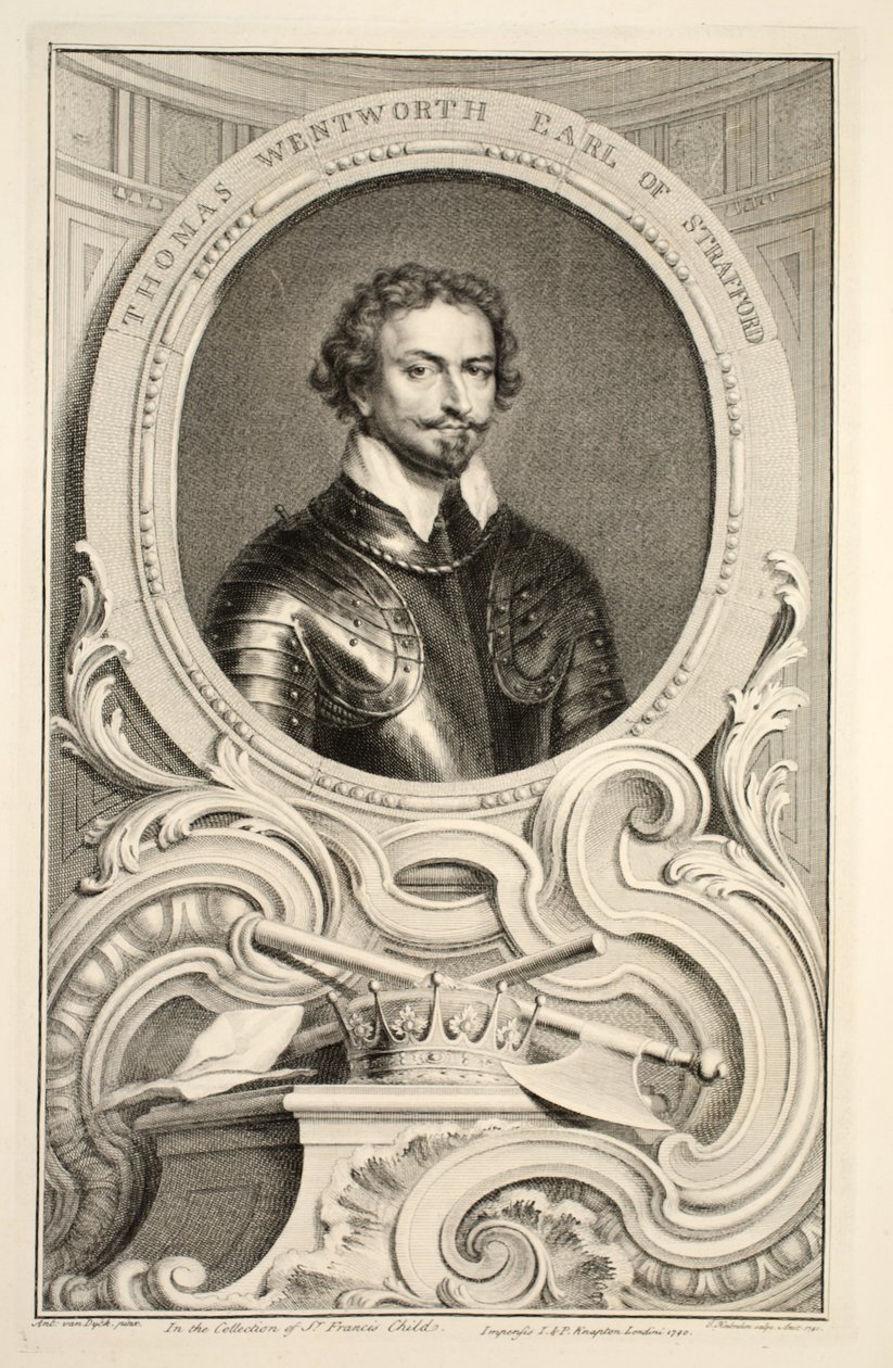 Muotokuva Thomas Wentworthista, Earl of Stratford, kuvitus teoksesta Heads of Illustrious Persons of Great Britain, pub. kirjoittanut Knapton, Lontoo 1742 tekijältä Jacobus Houbraken