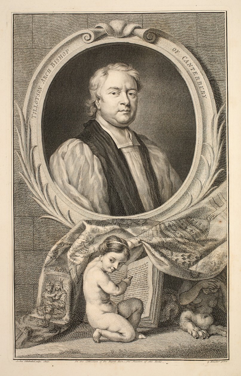 Canterburyn arkkipiispa Tillotsonin muotokuva, kuvitus teoksesta Heads of Illustrious Persons of Great Britain, pub. kirjoittanut Knapton, Lontoo 1742 tekijältä Jacobus Houbraken
