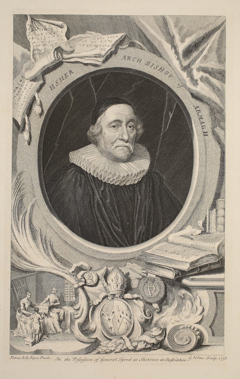 Armaghin arkkipiispa Usherin muotokuva, kuvitus teoksesta Heads of Illustrious Persons of Great Britain, pub. kirjoittanut Knapton, Lontoo 1742 tekijältä Jacobus Houbraken