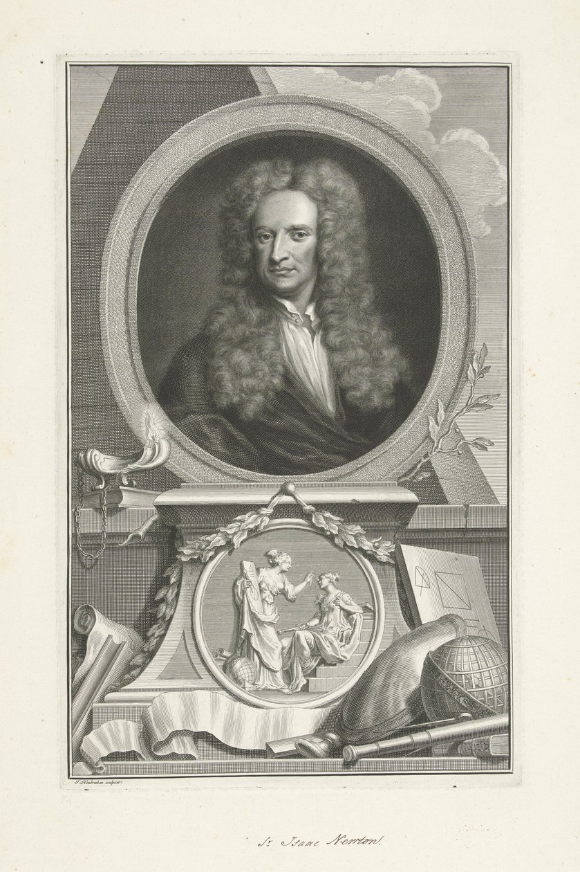 Sir Isaac Newton (1642-1726), englantilainen fyysikko ja matemaatikko tekijältä Jacobus Houbraken
