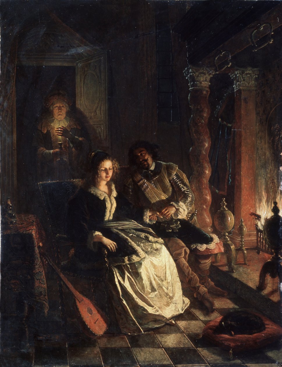 ""Le Rendez vous"" (Rendez-vous) Scene de seduction, une jeune fille courtisee par un gentilhomme qui lui declare son amour au coin du feu. Peinture de Jacob Joseph Eckhout (1793-1861) 1852 State Art Museum of Belorussian Republik, Minsk, Bielorussie tekijältä Jacobus Josephus Eeckhout