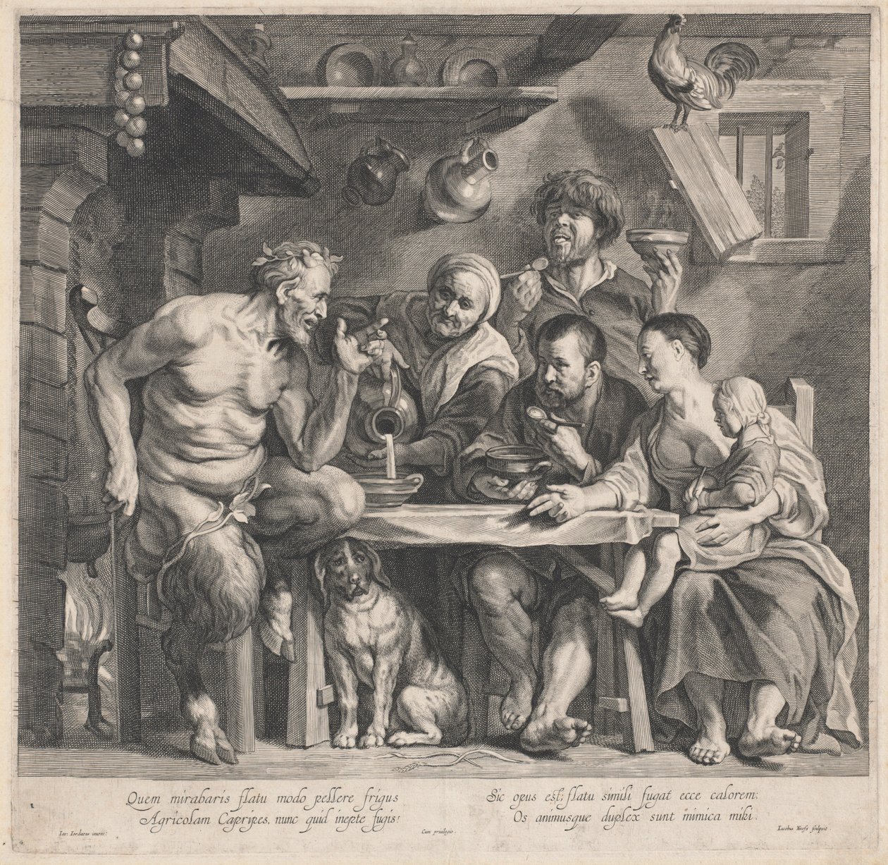 Satyr vierailee talonpoikaperheen luona tekijältä Jacobus Neeffs, after Jacob Jordaens
