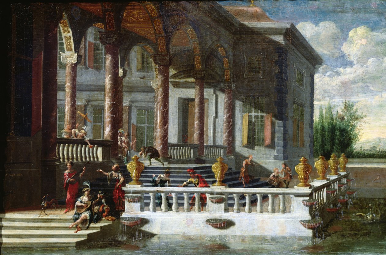 Italian palatsi gallerialla ja terassilla (maalaus) tekijältä Jacobus Saeys