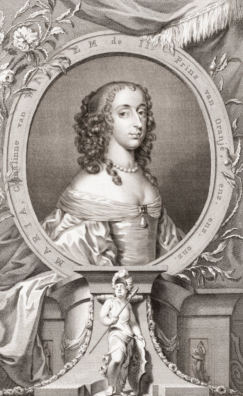 Mary, prinsessa Royal, Orangen prinsessa, Nassaun kreivitär (1631-60) Englannin kuninkaan Charles I:n ja hänen vaimonsa Henrietta Marian tytär, Englannin kuninkaan Vilhelm III:n äiti (kaiverrus) tekijältä Jacobus and Vertue George Houbraken