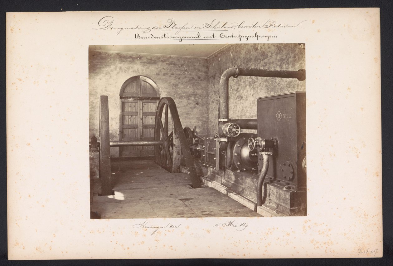 Höyrypumppuasema keskipakopumpuilla / Kralingen den 14. toukokuuta 1869 (otsikko esineessä) Järvien talteenotto Schielandissa Rotterdamin itäpuolella (sarjan nimi esineessä) tekijältä Jacobus van Gorkom jr.