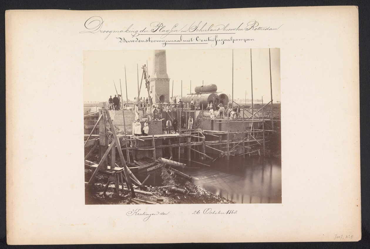 Höyrypumppuasema keskipakopumpuilla / Kralingen den 26. lokakuuta 1868 (otsikko esineessä) Järvien talteenotto Schielandissa Rotterdamin itäpuolella (sarjan nimi esineessä) tekijältä Jacobus van Gorkom jr.