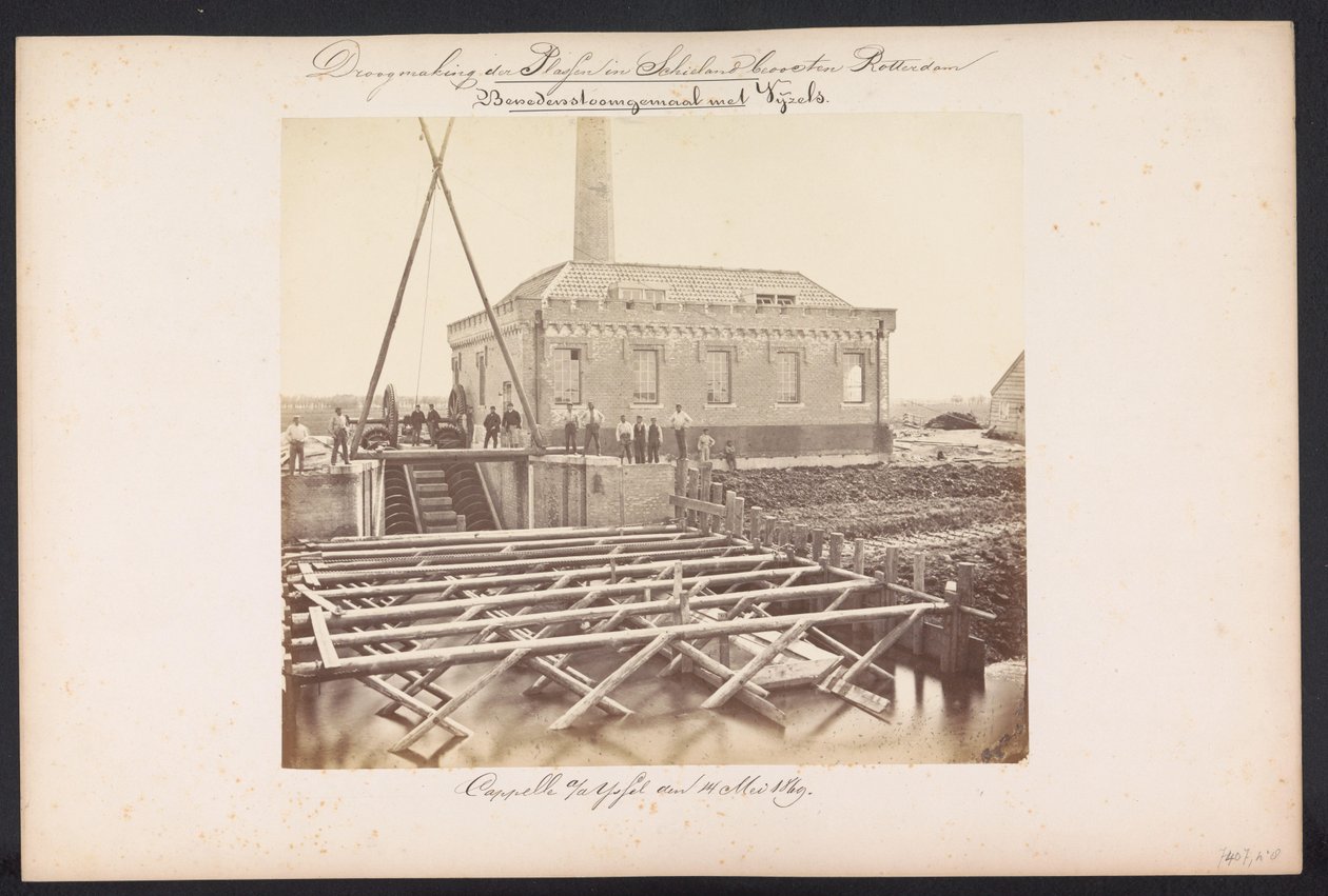 Höyrypumppuaseman alla Vijzels / Capelle aan den IJssel den 14. toukokuuta 1869 (otsikko esineessä) Järvien talteenotto Schielandissa Rotterdamin itäpuolella (sarjan nimi esineessä) tekijältä Jacobus van Gorkom jr.