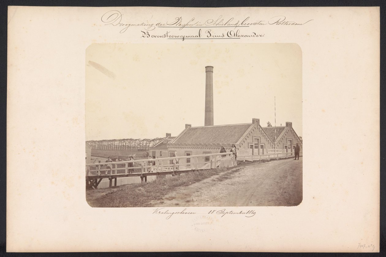 Bovenstoomin pumppuasema Prins Alexander / Kralingscheveer 18. syyskuuta 1869 (otsikko esineessä) Järvien talteenotto Schielandissa Rotterdamin itäpuolella (sarjan nimi esineessä) tekijältä Jacobus van Gorkom jr.