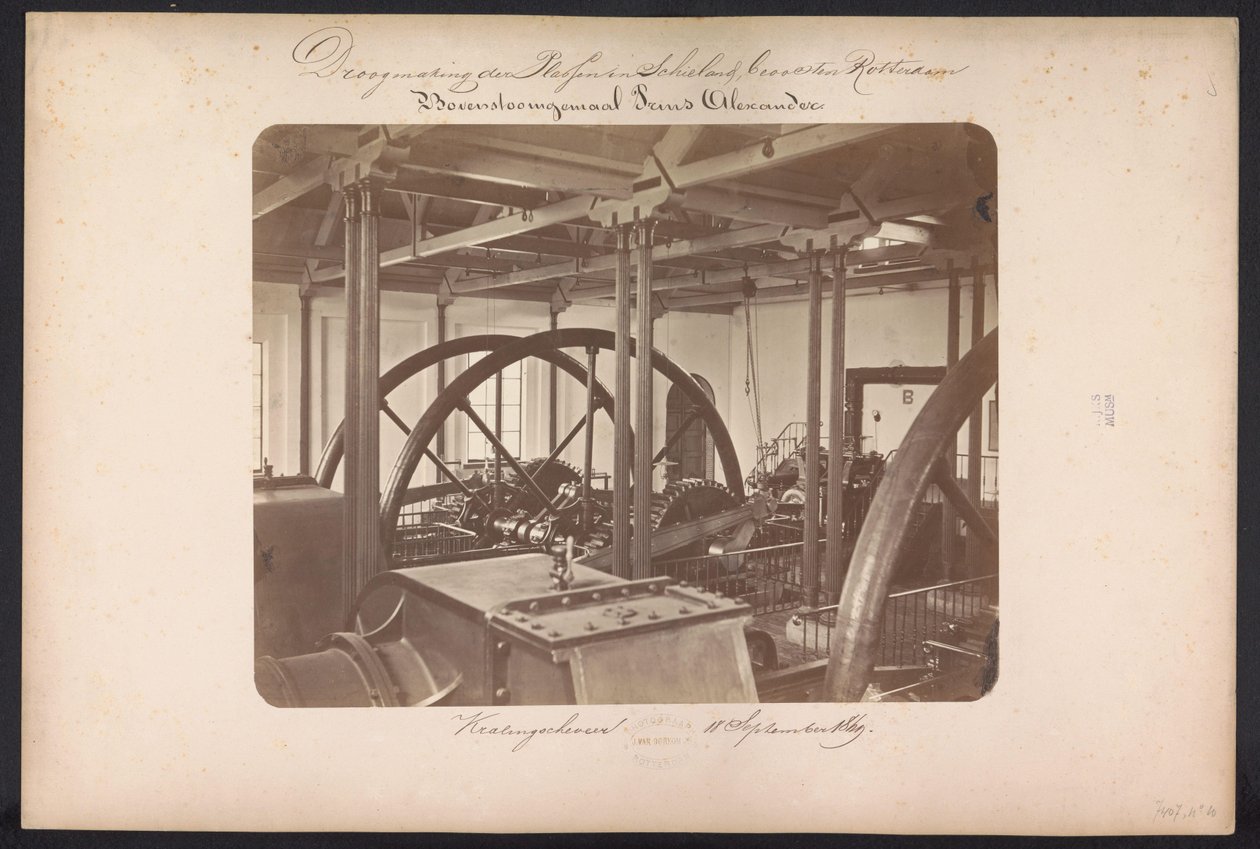 Bovenstoomin pumppuasema Prins Alexander / Kralingscheveer 18. syyskuuta 1869 (otsikko esineessä) Järvien talteenotto Schielandissa Rotterdamin itäpuolella (sarjan nimi esineessä) tekijältä Jacobus van Gorkom jr.