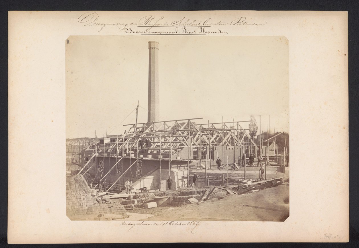 Bovenstoomin pumppuasema Prins Alexander / Kralingscheveer den 18. lokakuuta 1867 (otsikko esineessä) Järvien talteenotto Schielandissa Rotterdamin itäpuolella (sarjan nimi esineessä) tekijältä Jacobus van Gorkom jr.