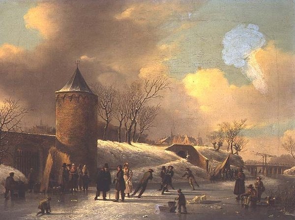 Luistelijat jäätyneellä vesiväylällä tornin vieressä tekijältä Jacobus van der Stok