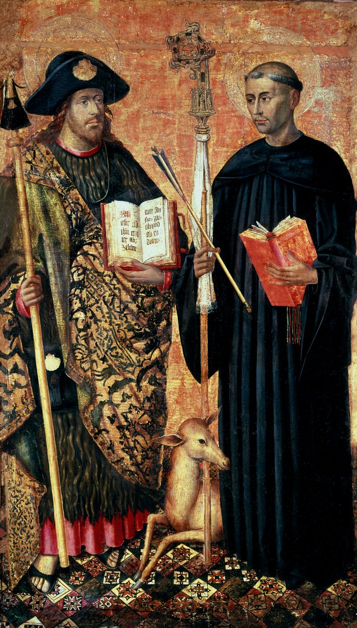 Pyhä Jaakob Compostelalainen edustettuna pelerinissä sauvan, hatun ja kuoren kanssa. ja Saint Gilles erakko (7. vuosisata), n. 1450 (tempera ja öljy levylle) tekijältä Jacomart (c.1413 61) Baco