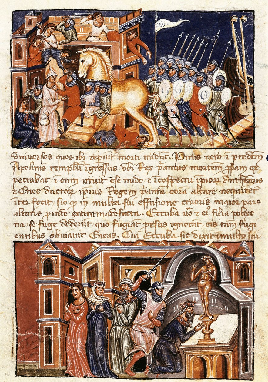 Troijan kaupungin piiritys ja hyökkäys, miniatyyri Guido delle Colonen (n. 1210–1287) "Historia Destructionis Troiaesta" tekijältä Jacome Cromberger